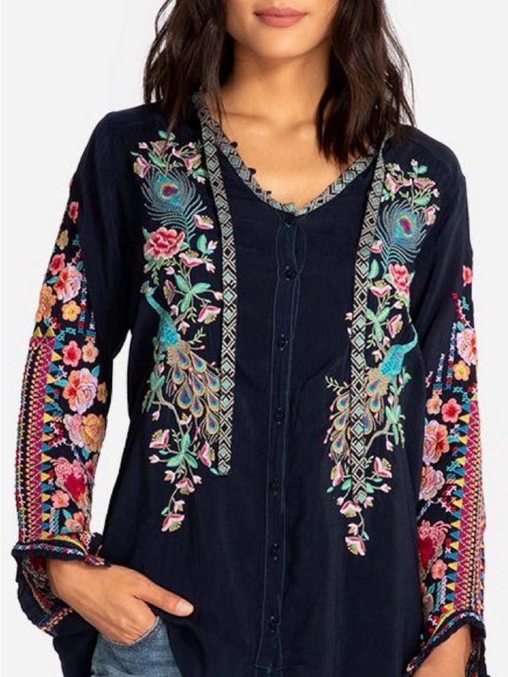 Johnny Was Navy Embroidered Floral & Peacock Blouse - Picture 2 of 7